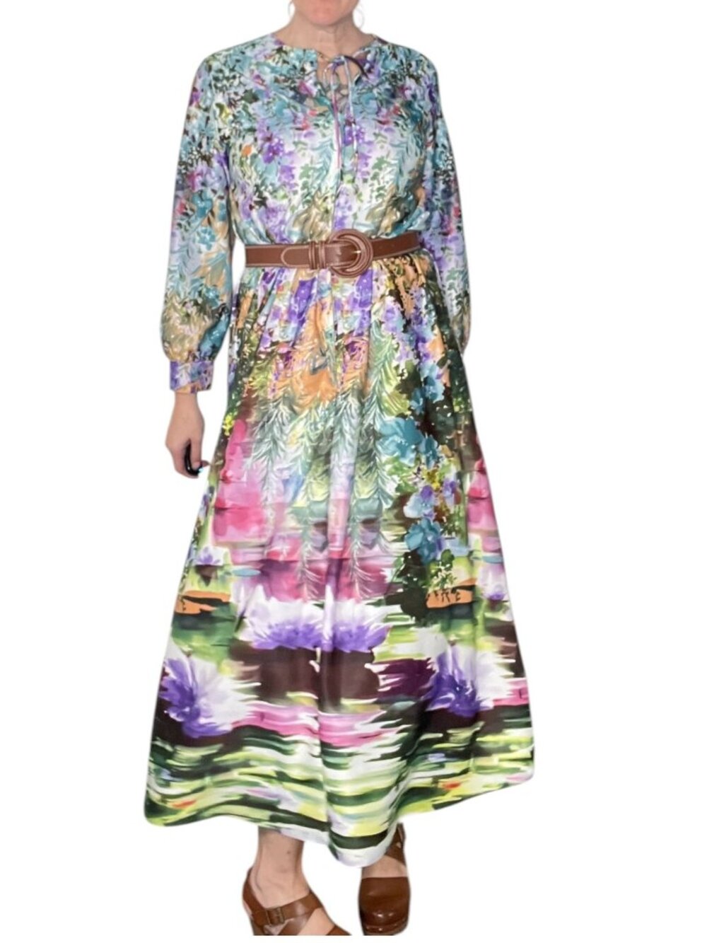 Vintage 1960s Butterfield 8 Maxi Dress Multicolor Watercolor Floral Print LG